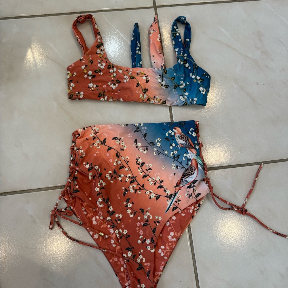 magnificent floral agua bendita high waisted floral bathing suit